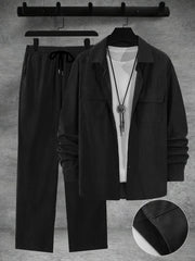 Men's Casual Fall Winter Set Blue Button-Up Shirt Drawstring Pants Outdoor Gift