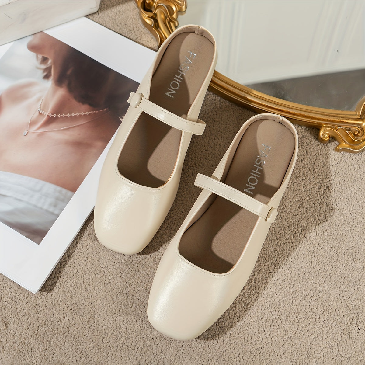 Women's Lightweight Square Toe Flat Shoes with Head Covering and Slip-On Design