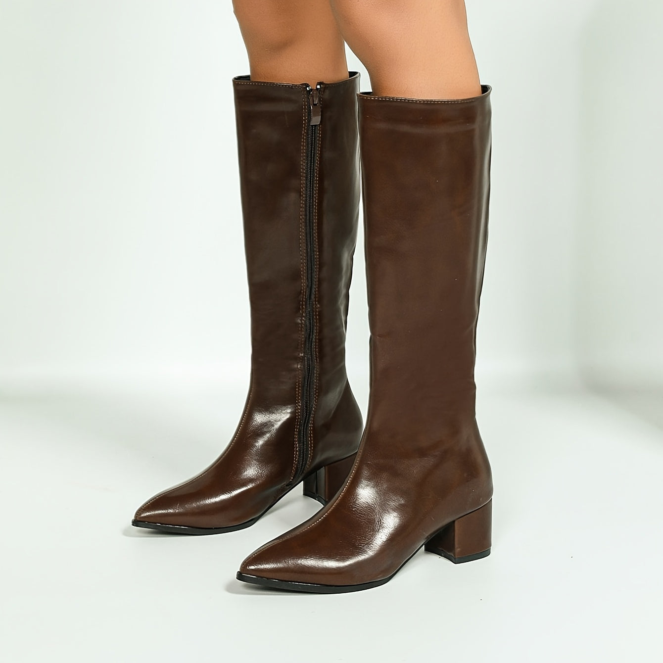 Women's Faux Leather Side Zipper Chunky Heel Long Boots Casual Motorcycle Riding Warm Shoes