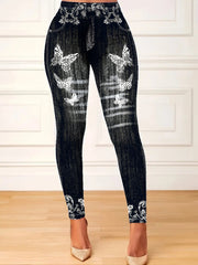 Plus Size Women's Stretchy Butterfly and Denim Print High Waist Leggings