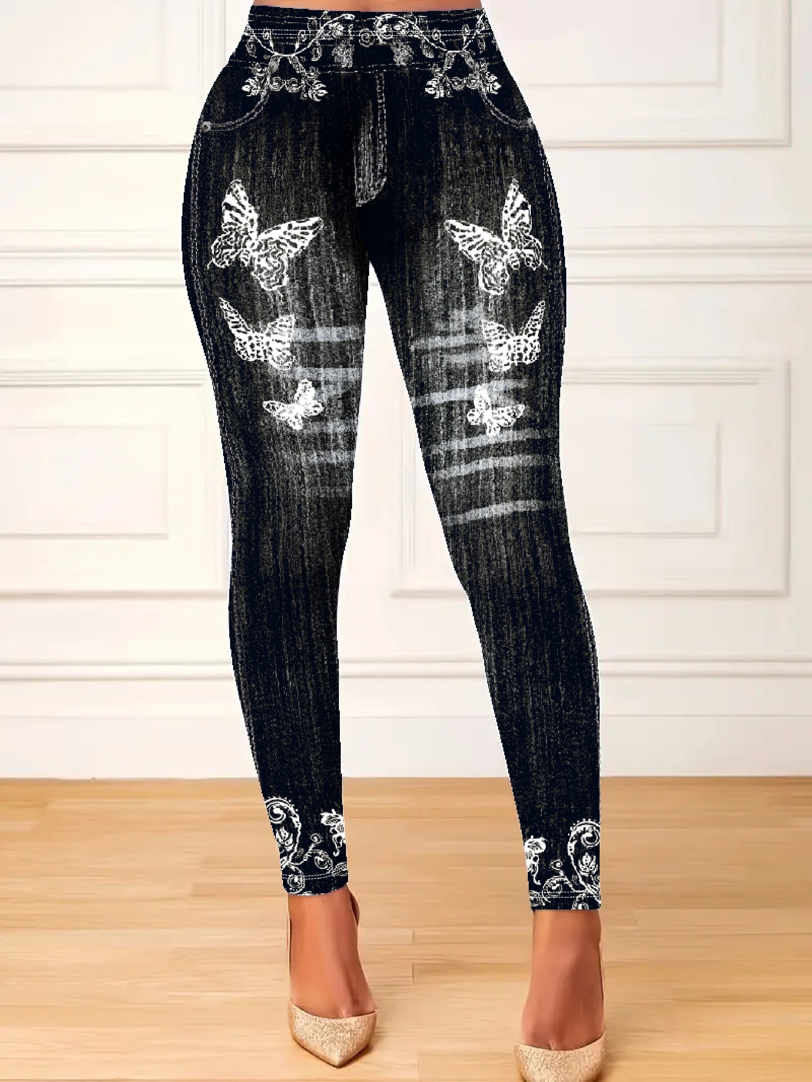 Plus Size Women's Stretchy Butterfly and Denim Print High Waist Leggings