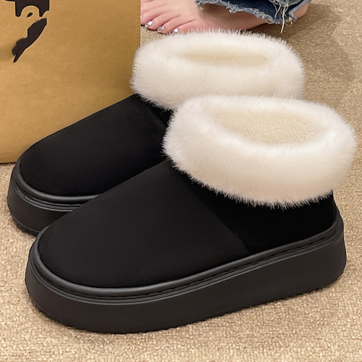 Women's Winter Slip-On Boots Soft Fabric Faux Fur Black Brown