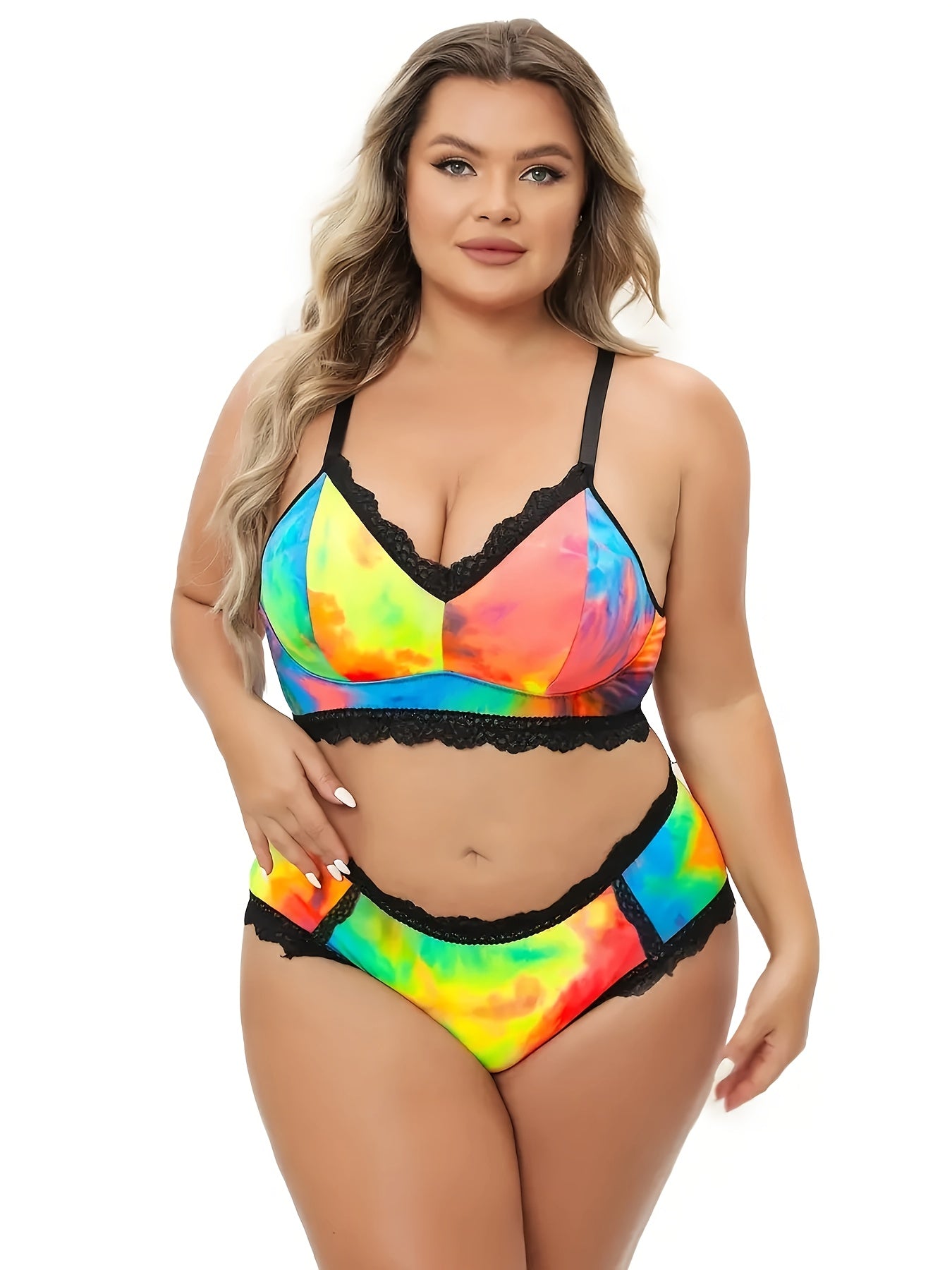 Conjunto de lencería de tallas grandes con estampado tie dye, encaje en el borde y sujetador y braga de espalda de racer