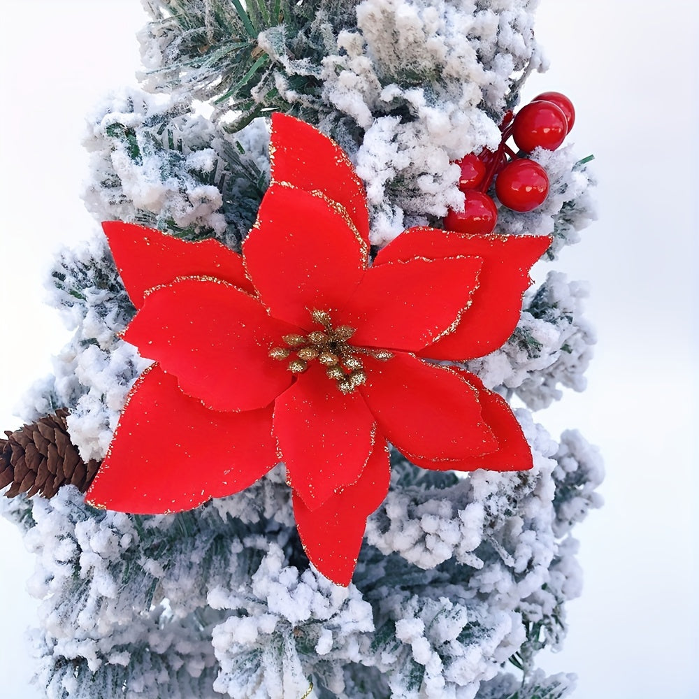 Juego de 10 flores artificiales de Navidad con purpurina para decoración de árbol 14cm