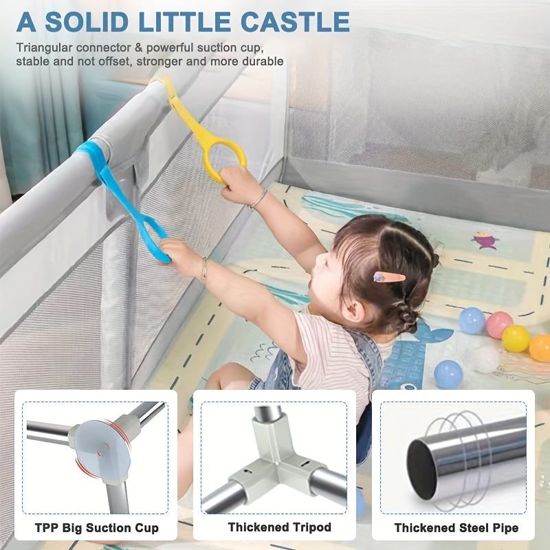 Kids Playpen 150x180cm with Safety Net and Zipper Includes 50 Play Balls and 4 Kid's Rings Indoor Outdoor