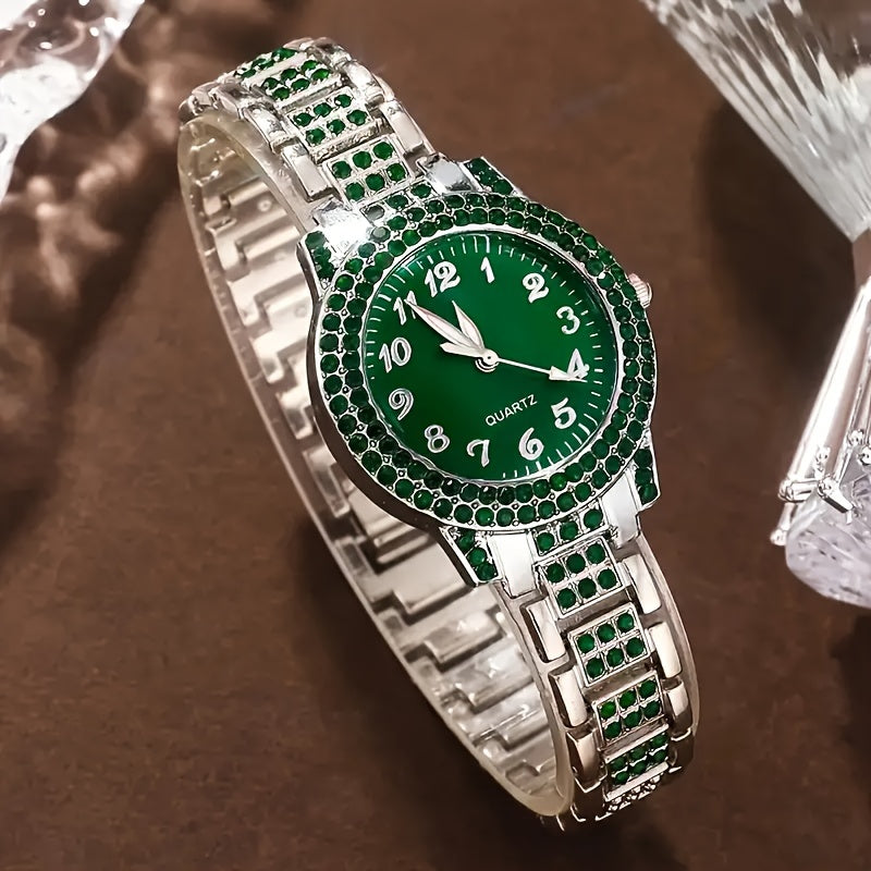 Women's Accessory Set with Quartz Watch, Green Crystals, Jewelry, Teardrop Design
