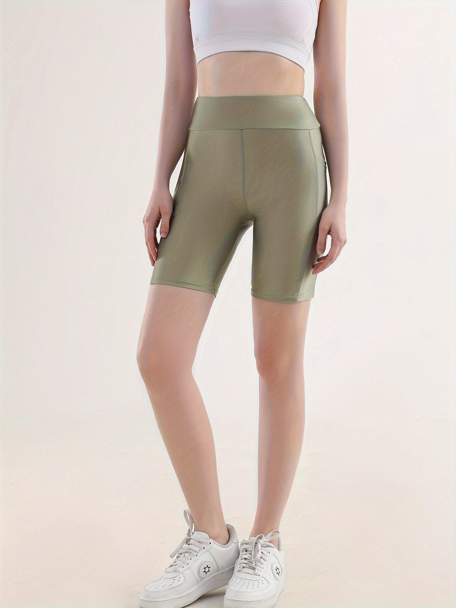 High-Waist Cropped Leggings for Women with Side Pockets Polyester Elasticity