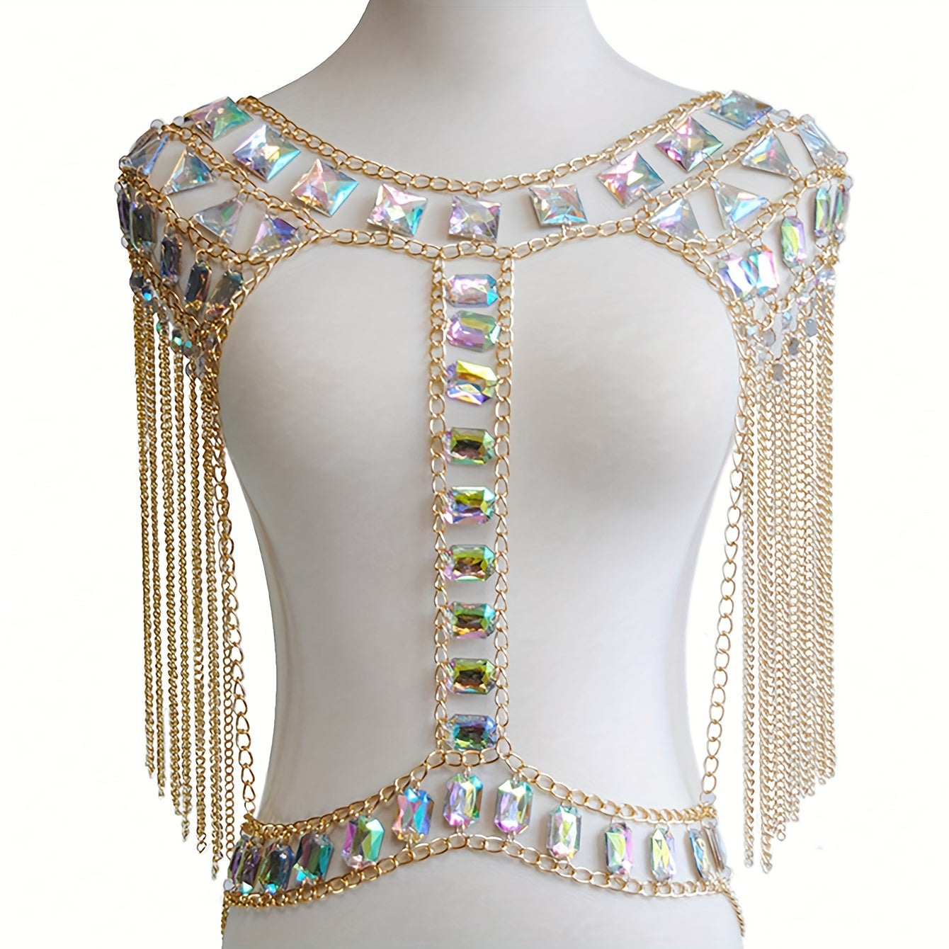 Cadena de hombro con gema acrílica luminosa y detalles de costura de cadena para discotecas