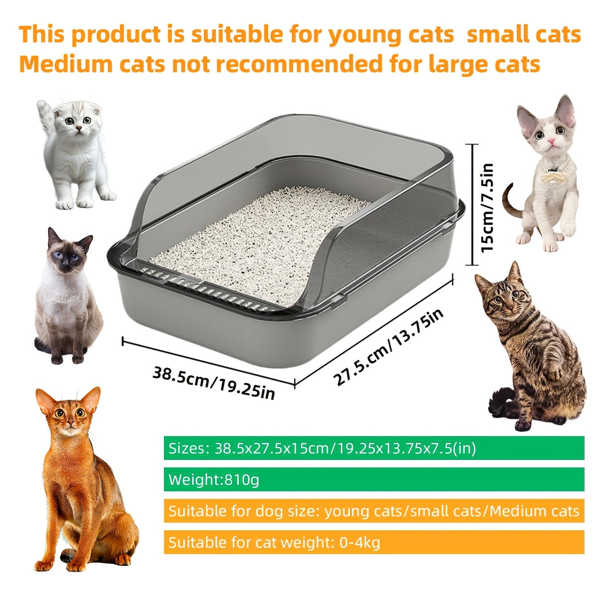 Plastic Cat Litter Box with Shovel Square High Edge Design Easy to Clean