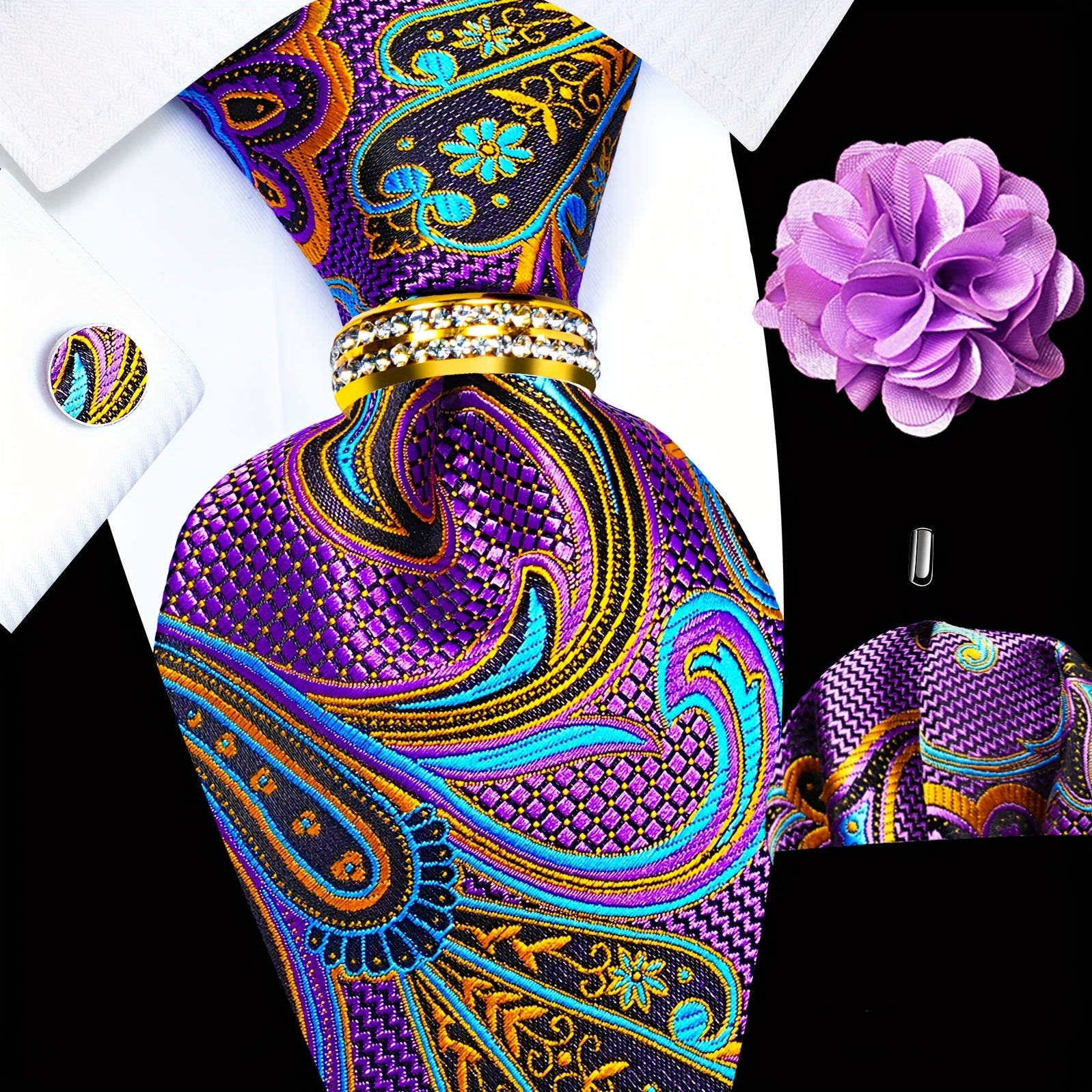 Men's Accessories Set Tie Pocket Square Cufflinks Lapel Pin Tie Ring for Wedding Groom