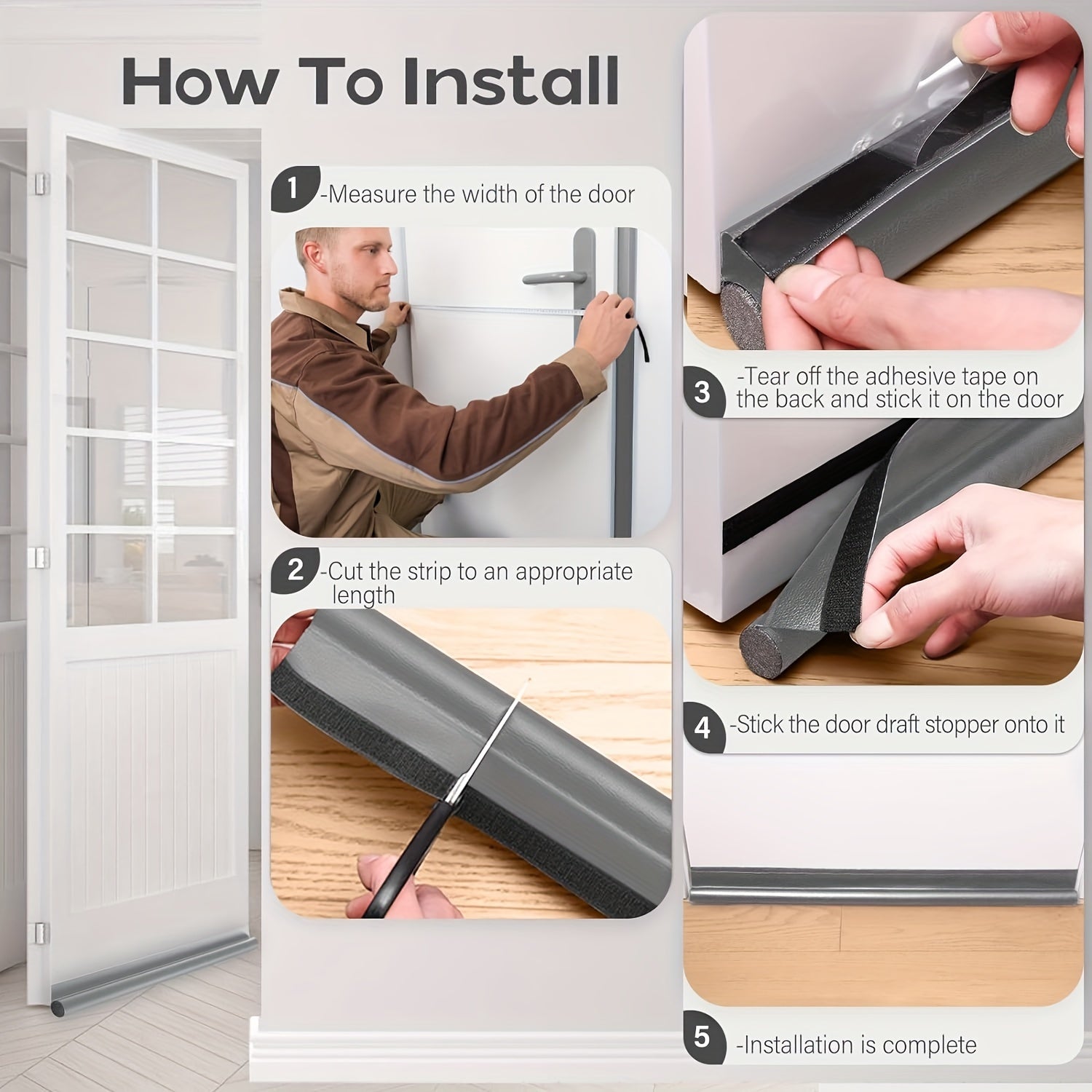 Faux Leather Door Draft Stopper with Adhesive Strip Seals Bottom of Doors