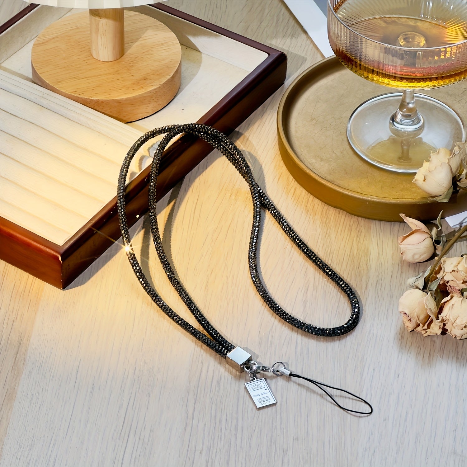 Chic Crystal Necklace Phone Holder for Women with Keychain Black Lanyard