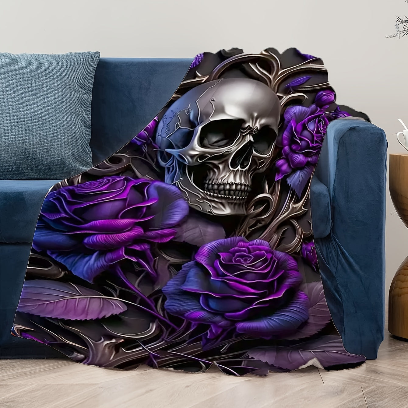 Hypoallergenic Flannel Throw Blanket with Skull and Roses Print for Adults and Kids