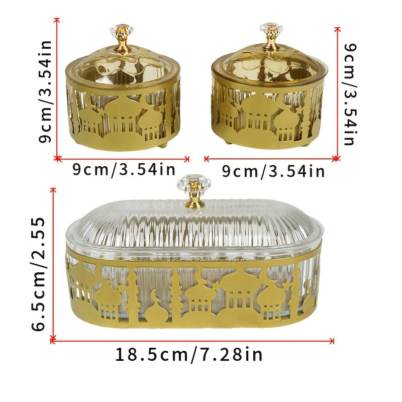Set of 3 Metal Ramadan Trays with Castle Pattern Engraving and Lacquer Finish for Jewelry and Decor