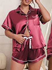Plus Size Satin Pajama Set Women Short Sleeve Button Lounge Two Piece