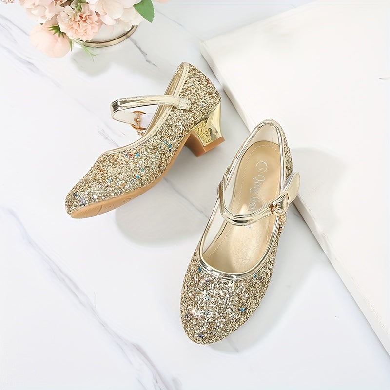 Girls' Crystal High-Heeled Shoes with Glitter and Sequins for Weddings and Parties