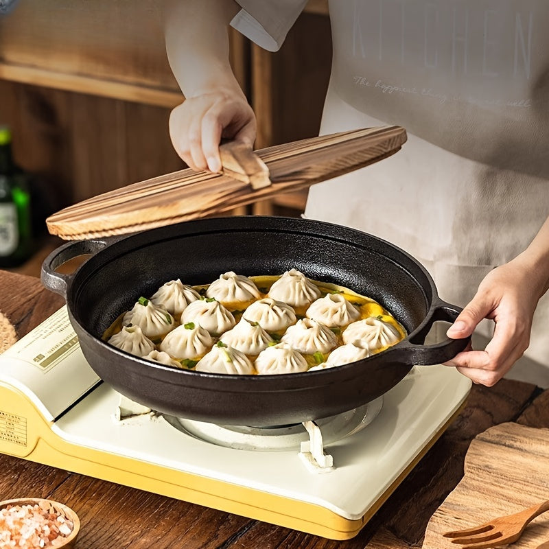Cast Iron Double-Handled Skillet with Wooden Lid Non-Stick Cooking Pan for Gas and Induction