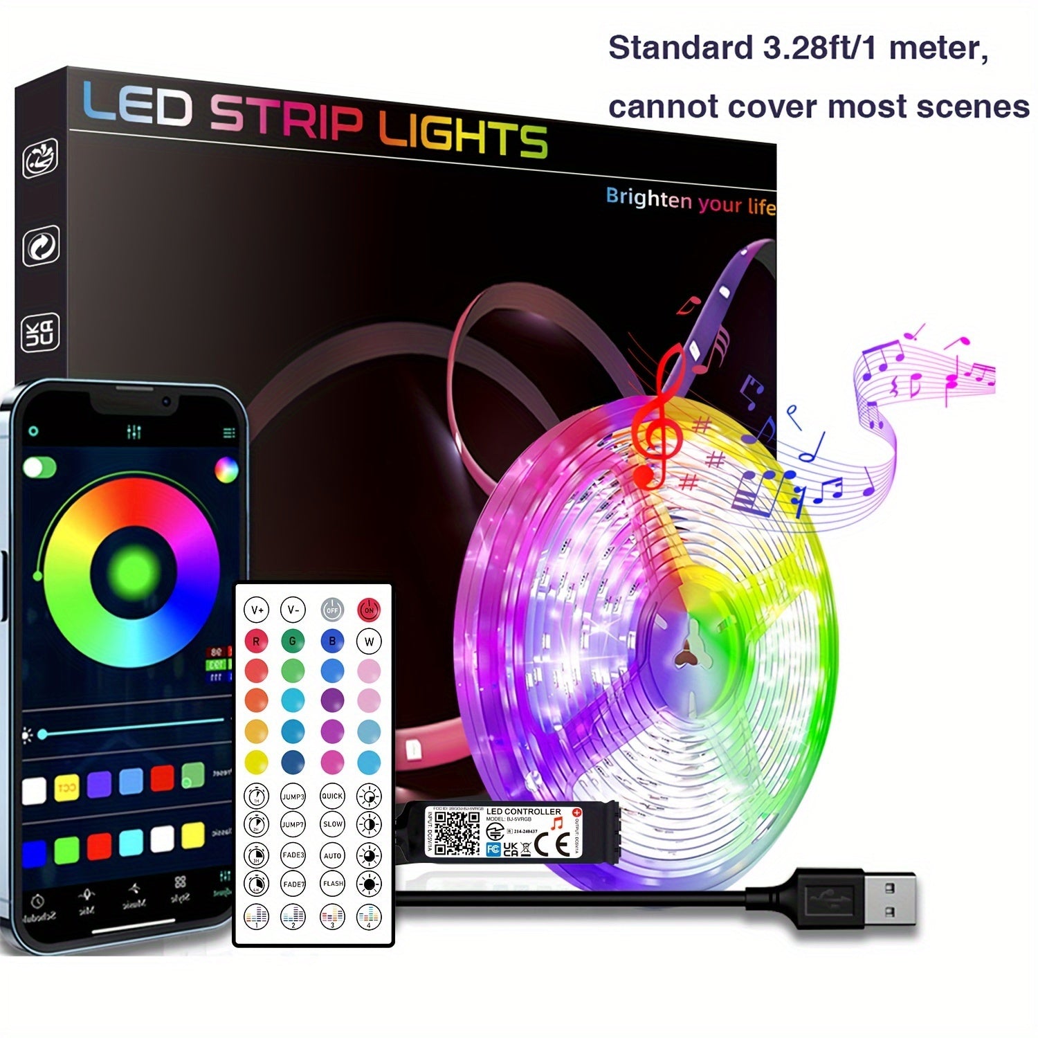 HBOWMDJIA Aqlli LED Lenta Chiroqlari: 91.44sm-30.48m, Rang O'zgartirish va Musiqa Sinxronizatsiyasi, Ilova Bilan Boshqarish va Masofadan Boshqarish, USB Quvvatlanishi, Yotoqxona Atmosferasi va Bayram Dekoratsiyasi.