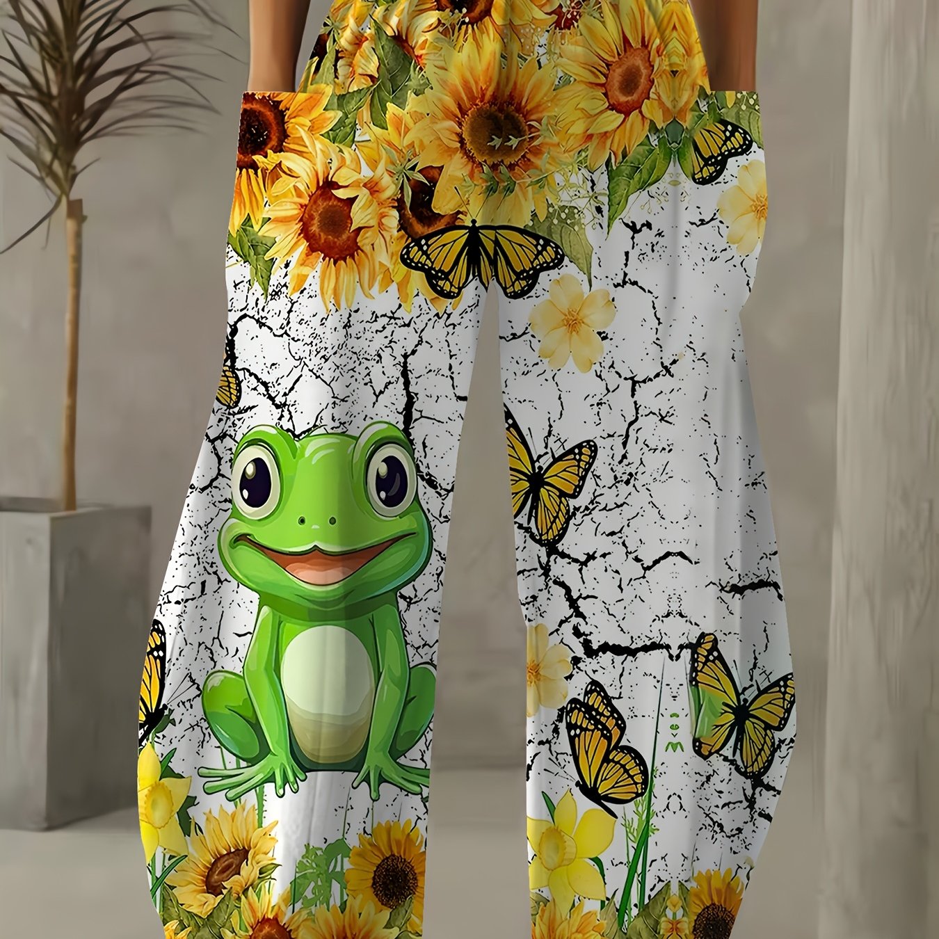 Plus Size Women's Wide-Leg Polyester Pants With Sunflower and Frog Print