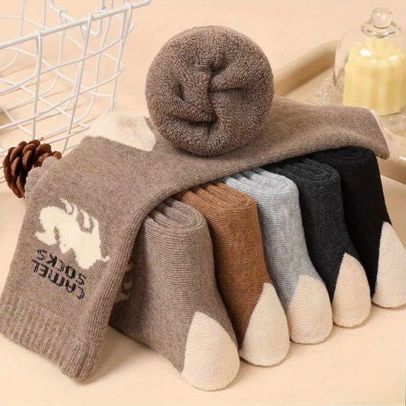 Men's Winter Animal Pattern Socks 5-Pack Thick Knit Polyester Warm Plush Terry