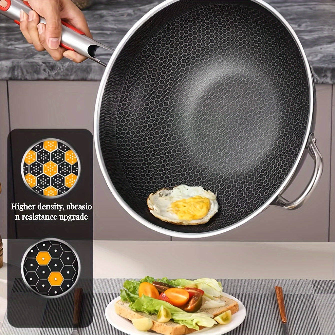 Stainless Steel Frying Pan 32cm 34cm Non-Stick Honeycomb Wok Induction Gas Stove