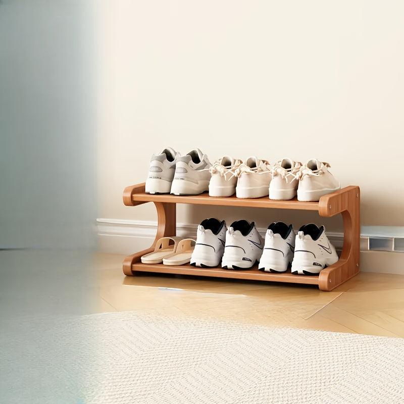 Wooden Shoe Rack with Two Layers and Square Storage Boxes, Narrow Design