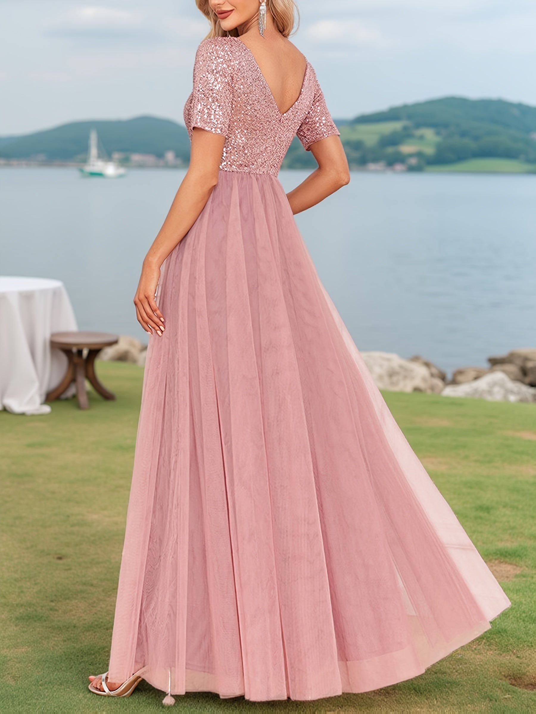 Plus Size Sequin Mesh Evening Gown V-Neck A-Line Party Dress