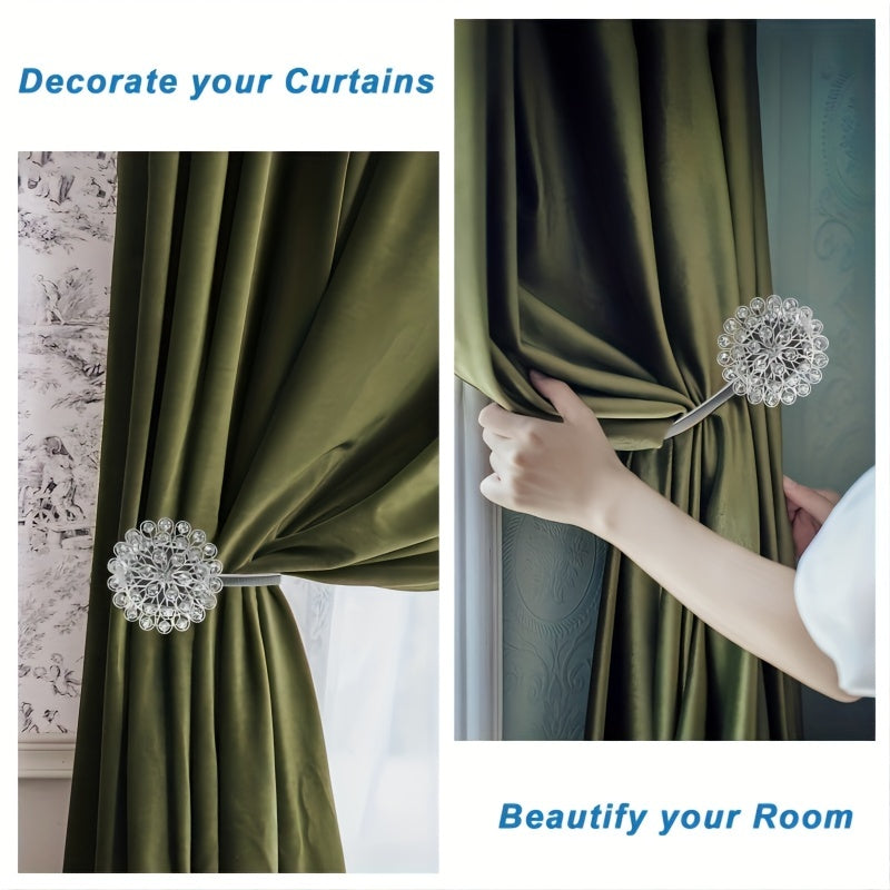 Magnetic Curtain Tieback with Crystal Flower and Elastic Spring Wire for Home Office