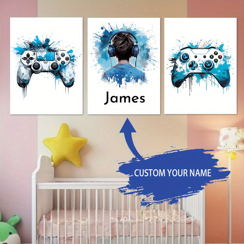 Personalized 3-Piece Gamer Wall Art Set Canvas Prints for Kids Room Nursery Dining Decor