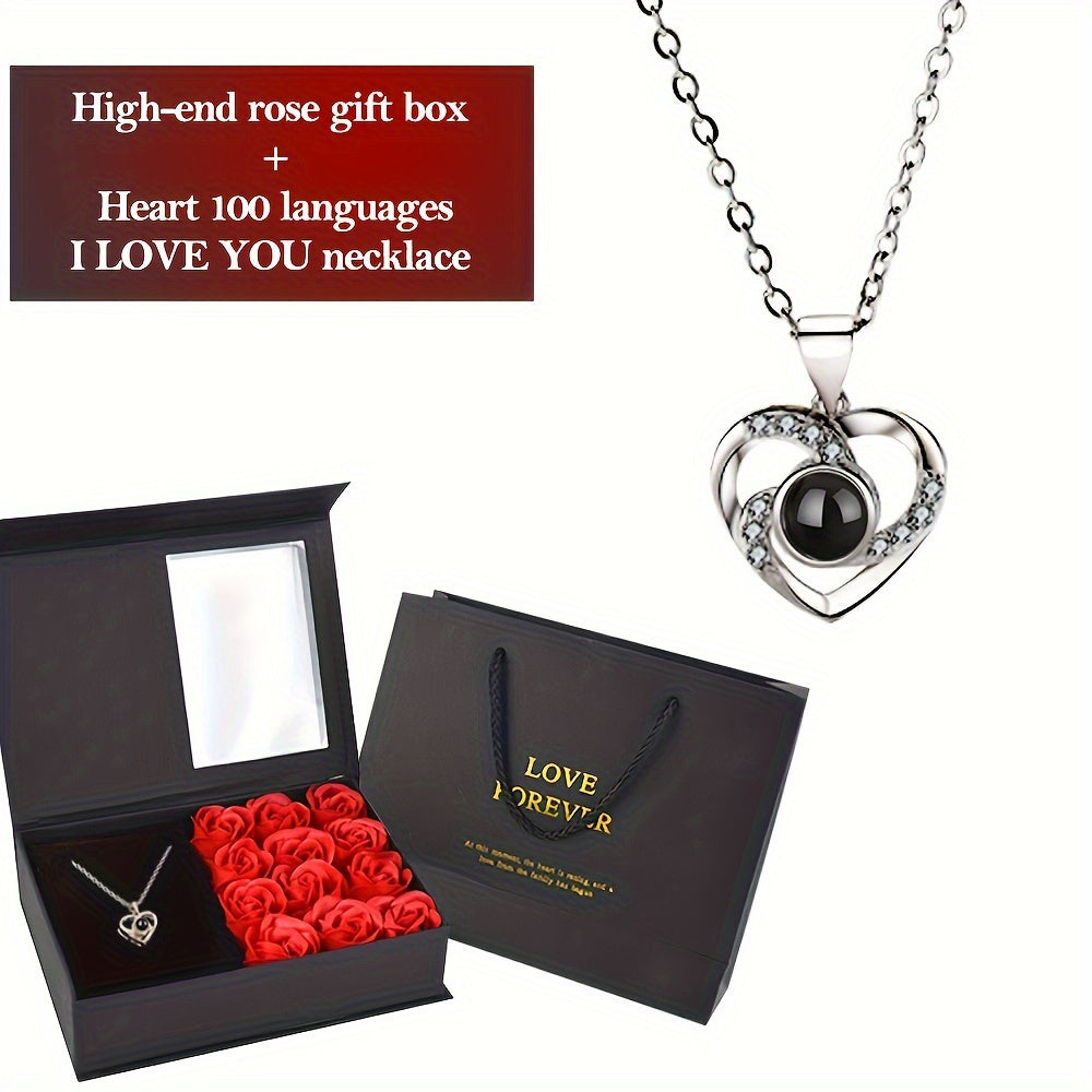 Heart Pendant Necklace Set with Red Rose for Valentine's Day and Gift