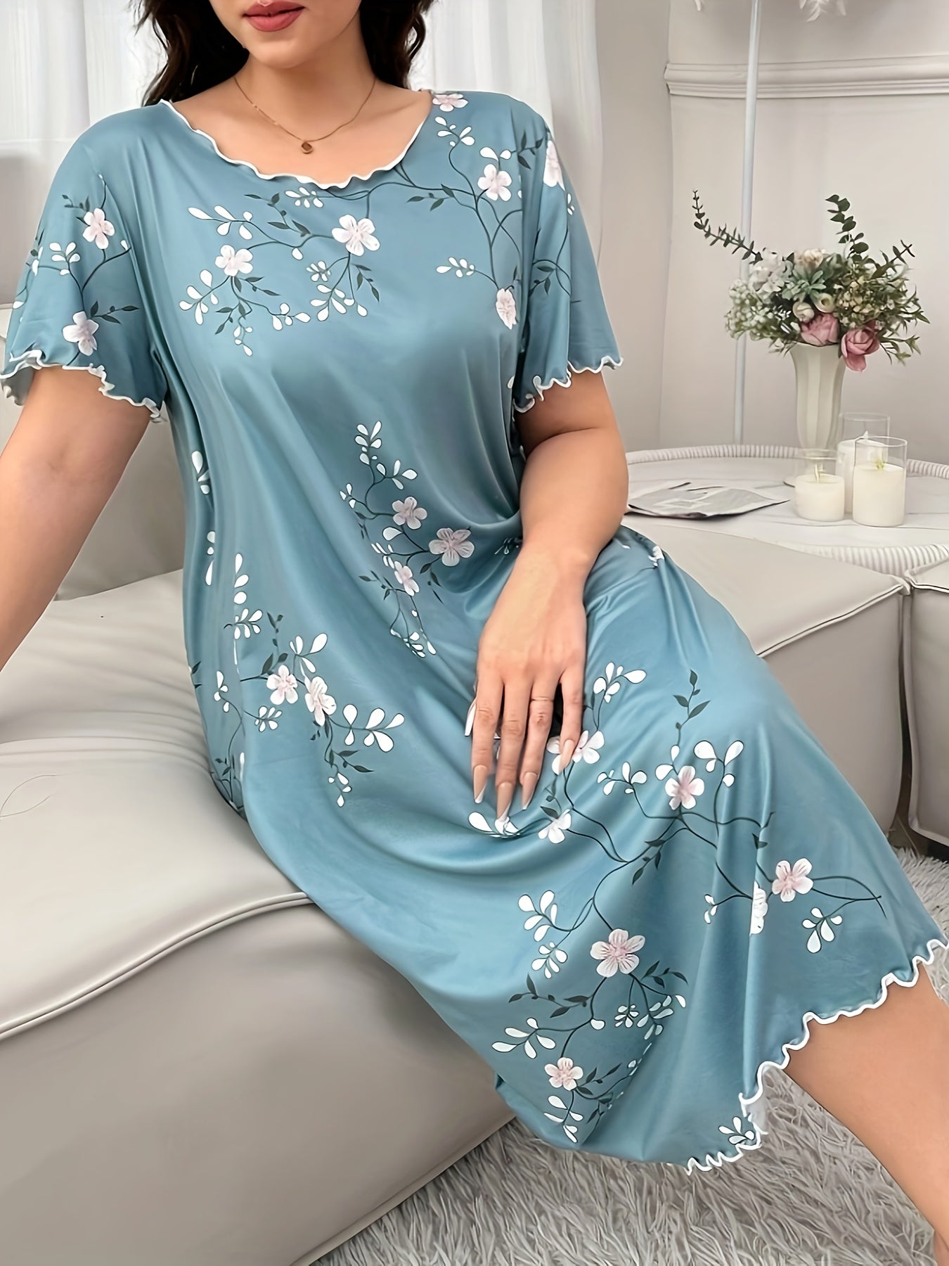 Plus Size Floral Short Sleeve Nightgown Sleep Dress Lightweight Comfortable