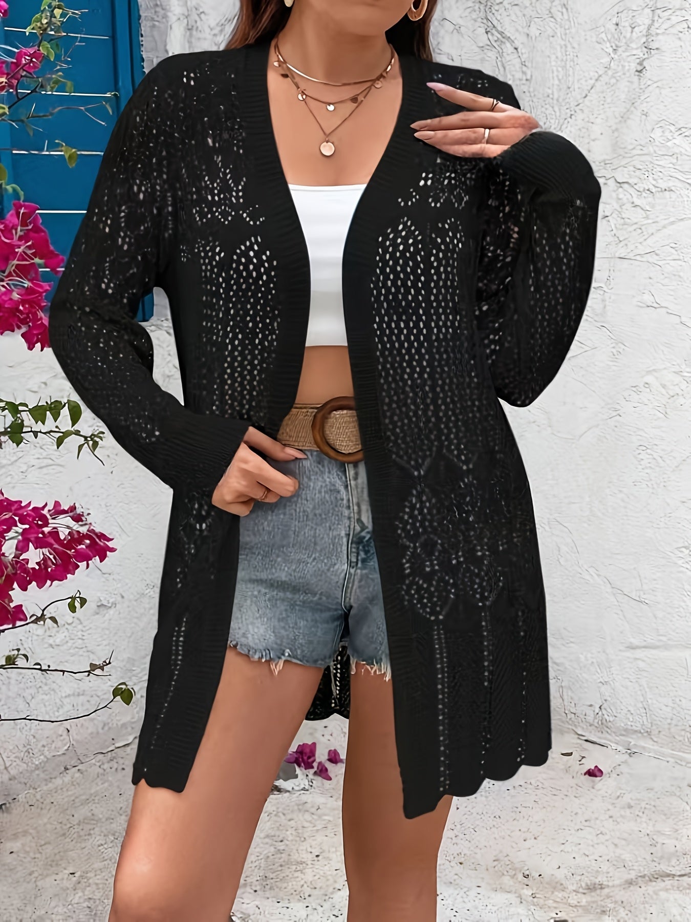 Plus o'lcham ayollar uchun to'liq rangli uzun qo'lqopli kardigan sviter, bahor va kuz uchun