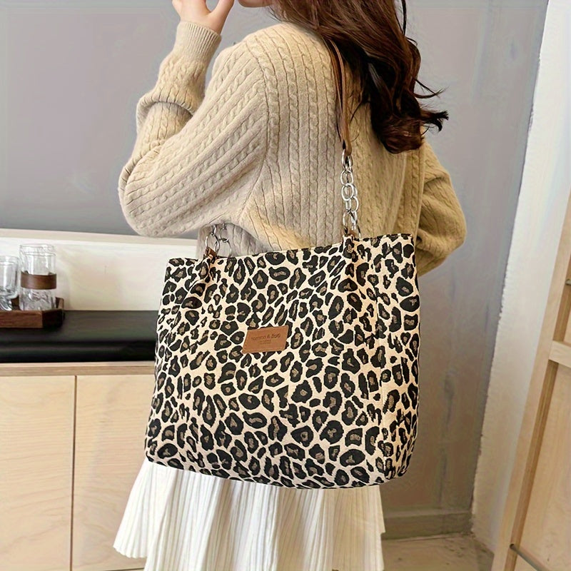 Women’s Corduroy Shoulder Bag with Leopard Print and Polyester Lining