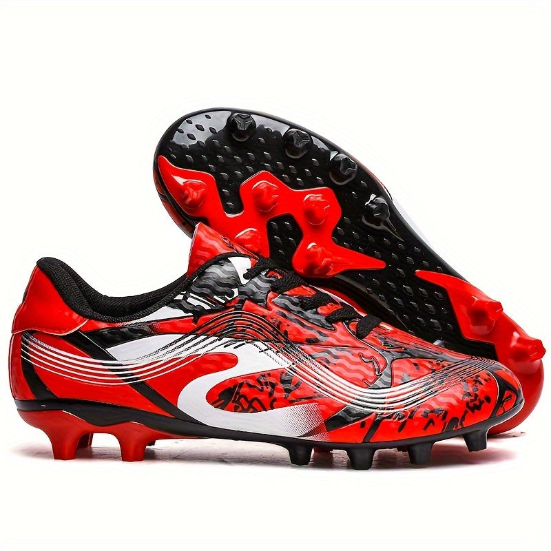 Men's Red and Black High-Top Soccer Cleats with Long Studs Breathable PU Upper Rubber Sole
