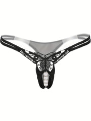 Women's Low-Rise Embroidered Sheer Thong with Pearl Accents
