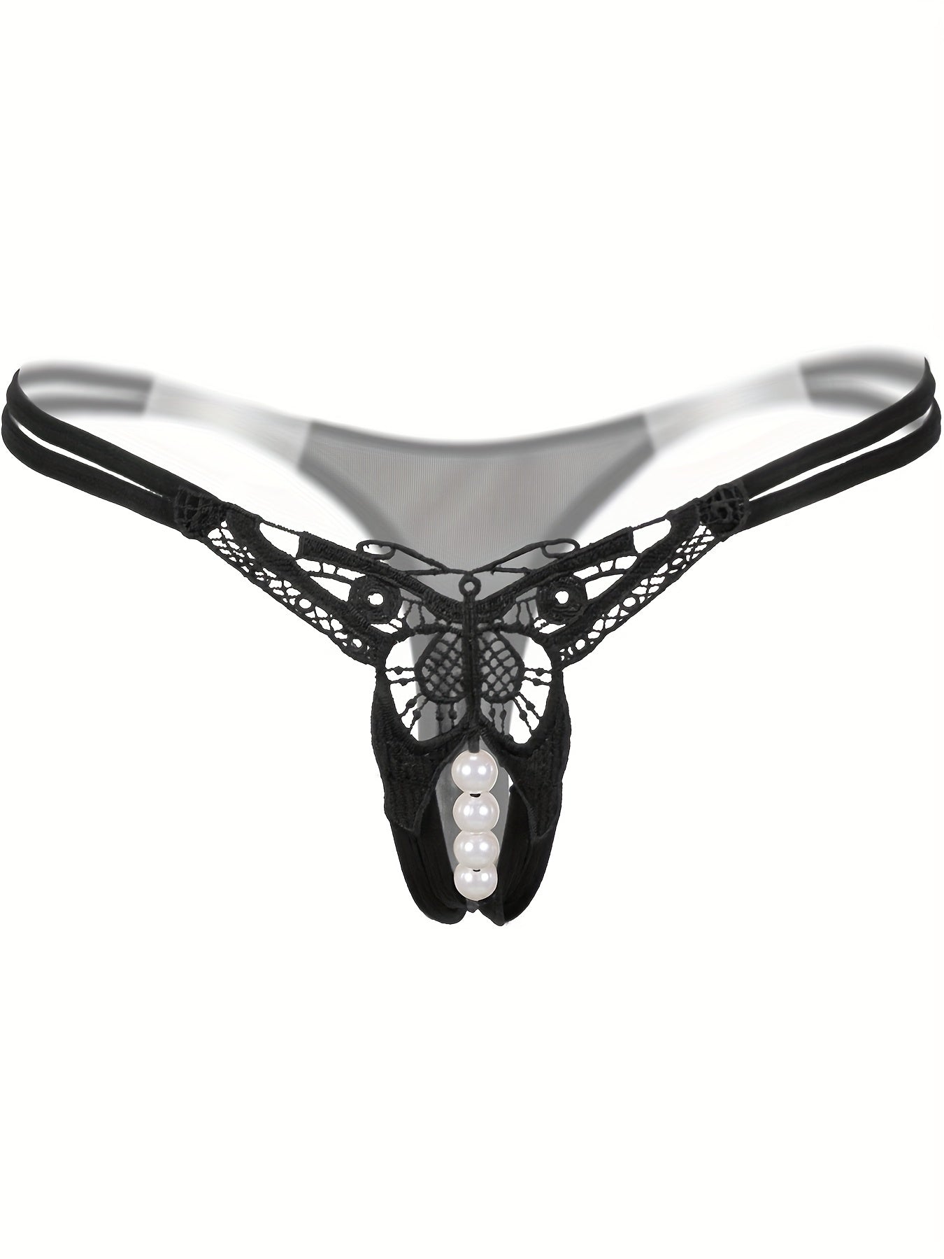 Women's Low-Rise Embroidered Sheer Thong with Pearl Accents