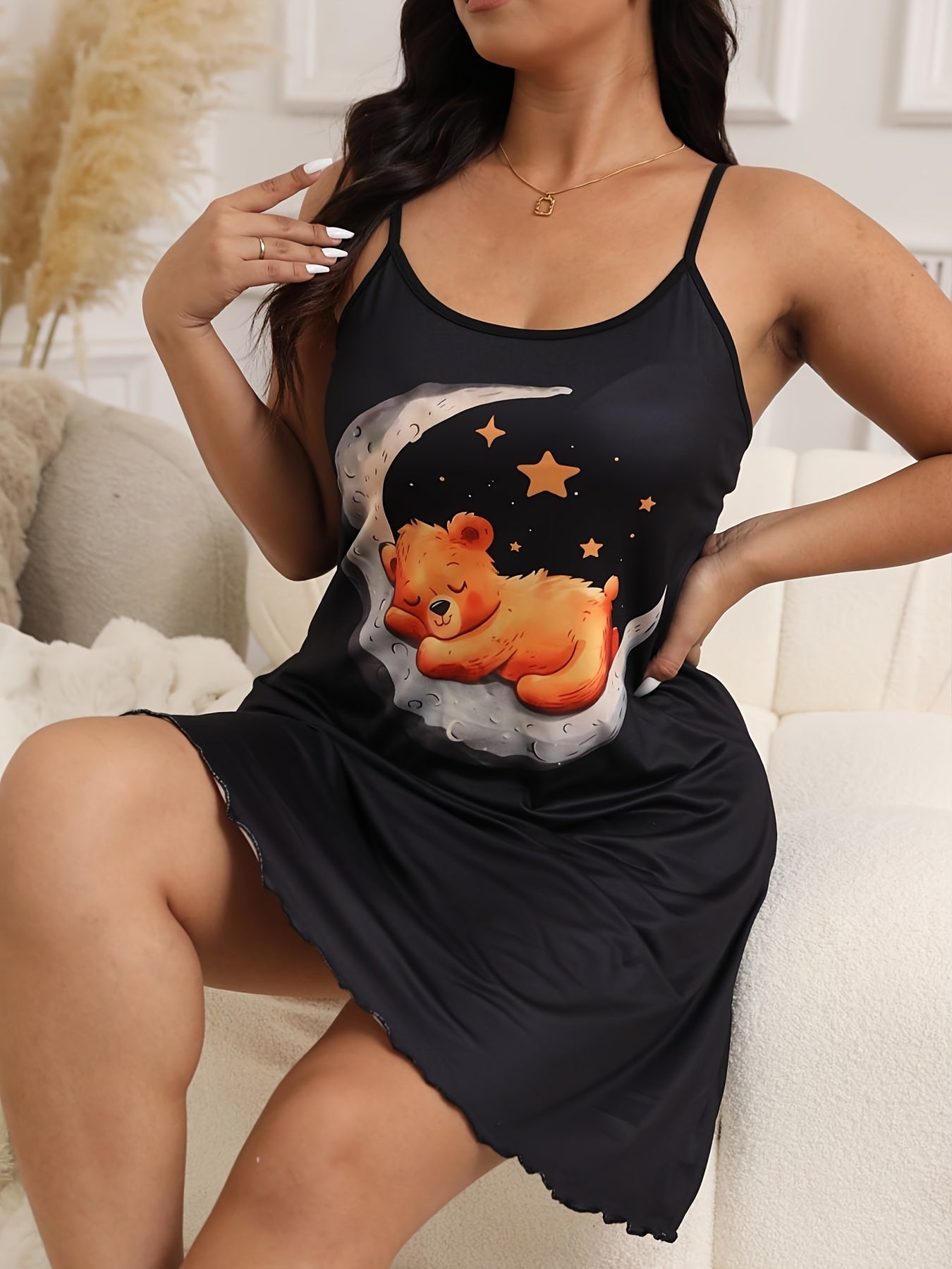 Plus Size Women's Sleep Dress Cartoon Bear Moon Print Nightwear