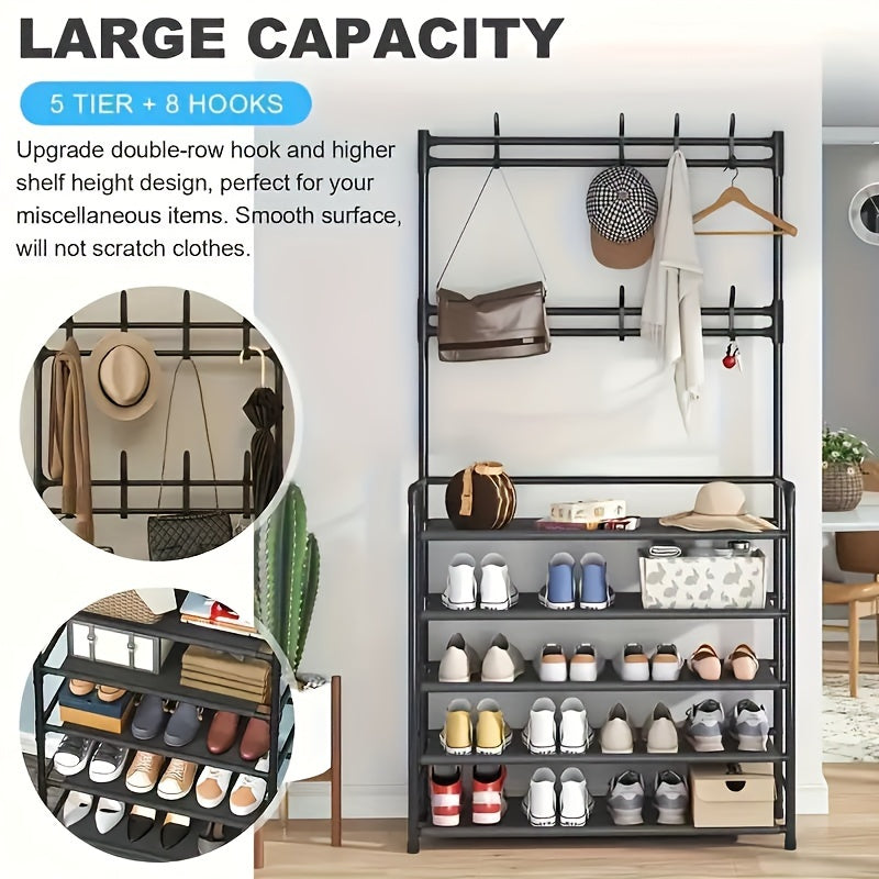 Multi-Functional 4/5-Tier Entryway Organizer Shoe Rack Hooks for Keys Coats Hats