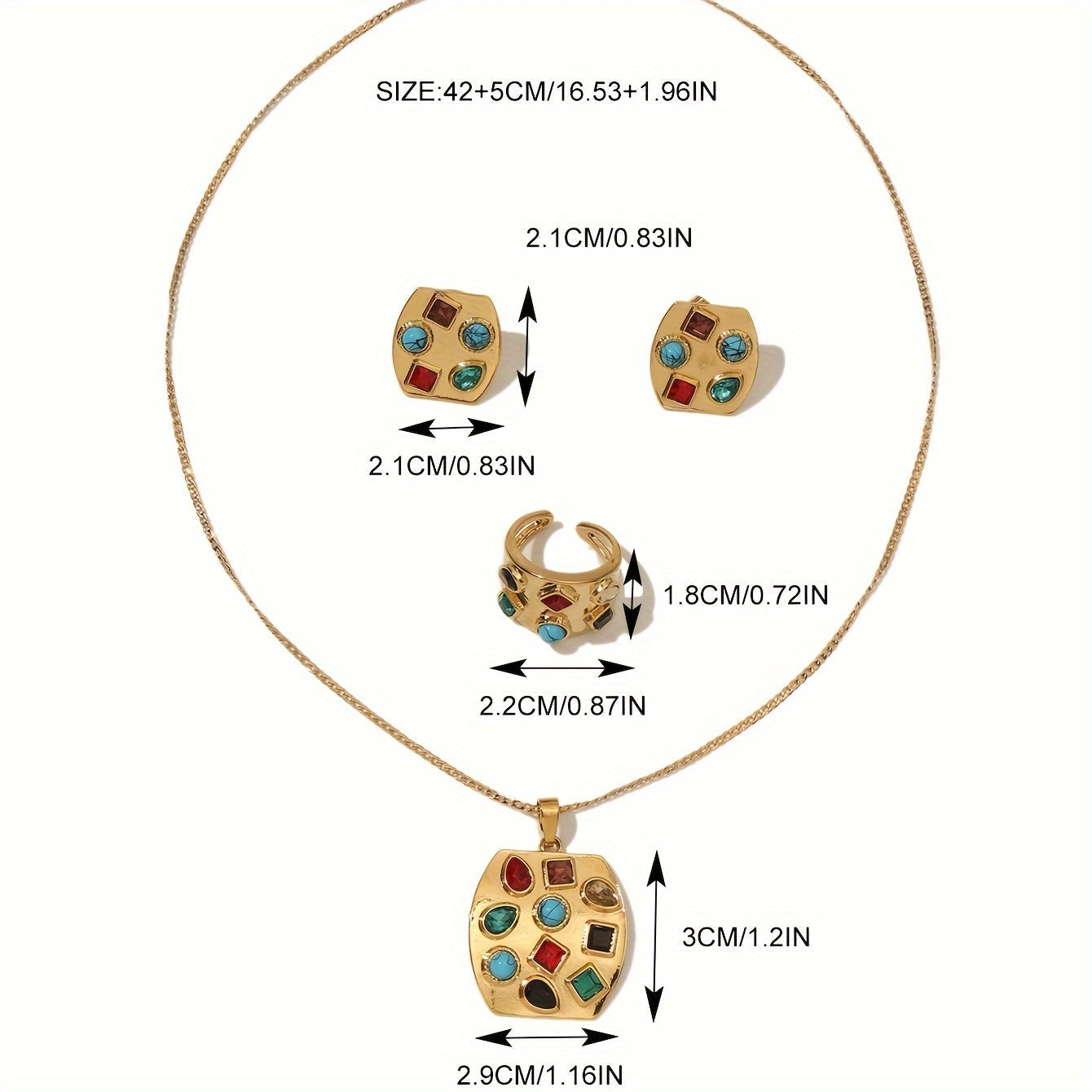 Vintage uslubidagi mis qotishma zargarlik to'plami, malaxit va rhinestone aksentlari bilan, nafis oltin qoplamada - to'plamga kvadrat pandantli marjon, quloq bilaguzuklari va uzuk kiradi - oddiy kiyim va sovg'a berish uchun ideal
