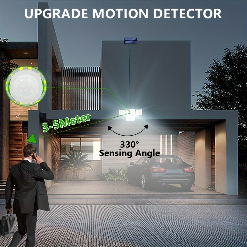 Solar-Powered Motion Sensor Light with Remote Control 288 LED 4-Head Security Floodlight 300° Wide Angle for Garden Yard Pathway Garage Street