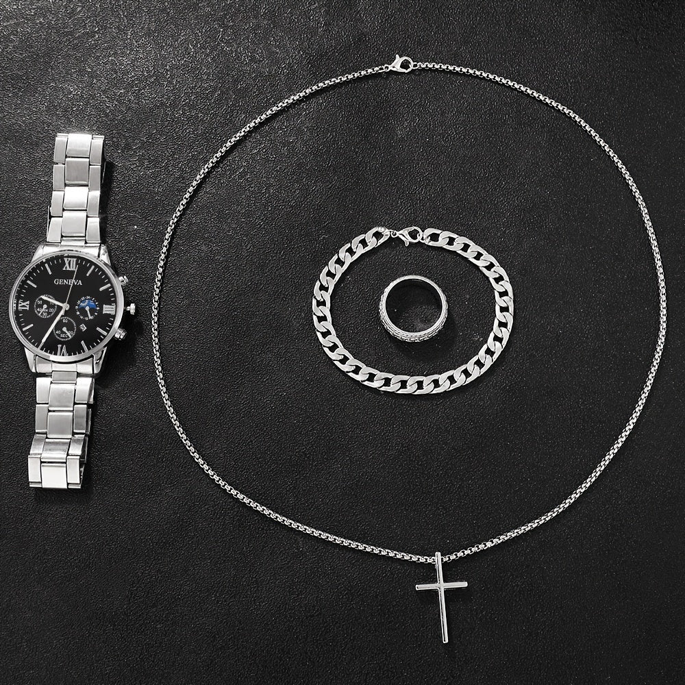 Men's Casual Watch and Jewelry Set with Silver Quartz Watch Cross Pendant Necklace Ring Bracelet