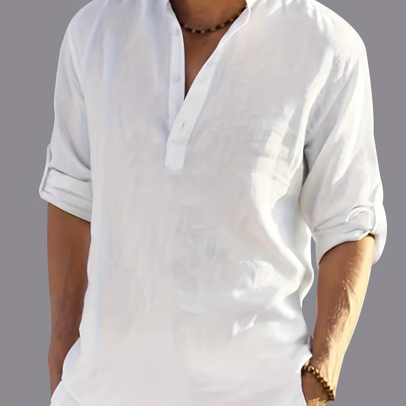 Camisa blanca de algodón para hombre con cuello alto, medio botón, bolsillo en el pecho y talla grande