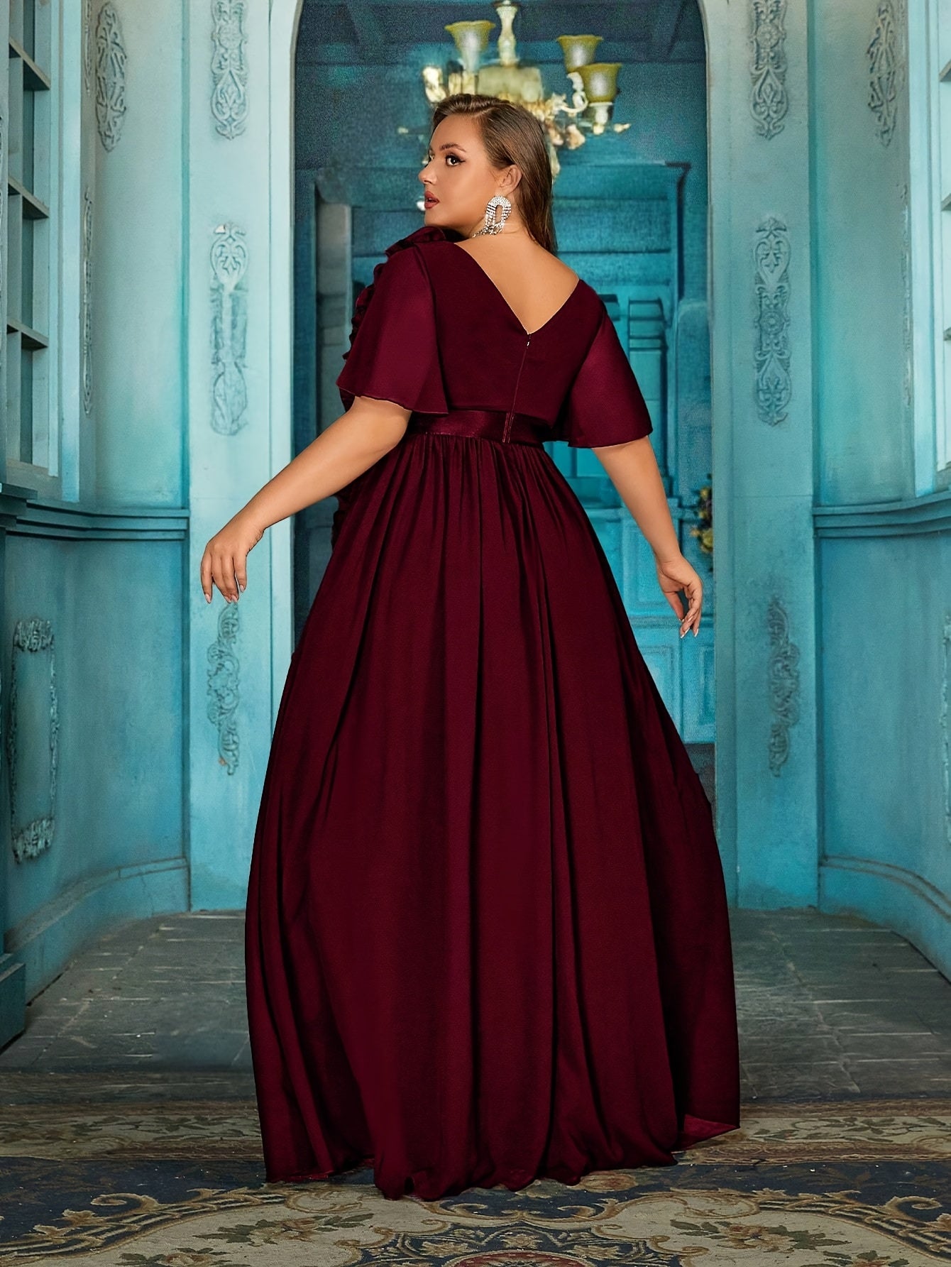 Plus Size Black Chiffon Evening Gown with V-Neck 3D Floral Ruffle Hem Short Sleeves Floor Length