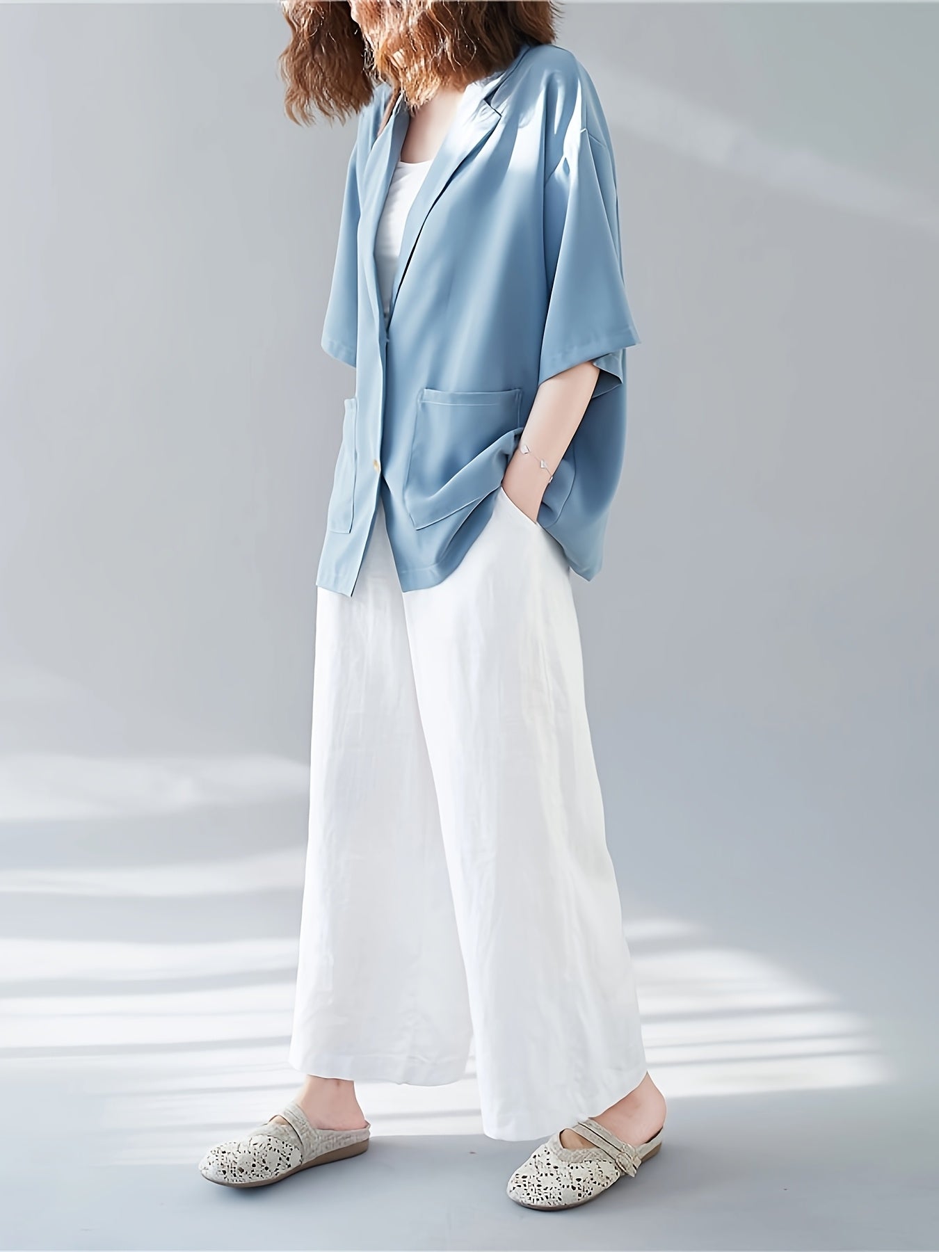 Women's Plus Size Light Blue Open Front Blazer Casual Long Sleeve Jacket