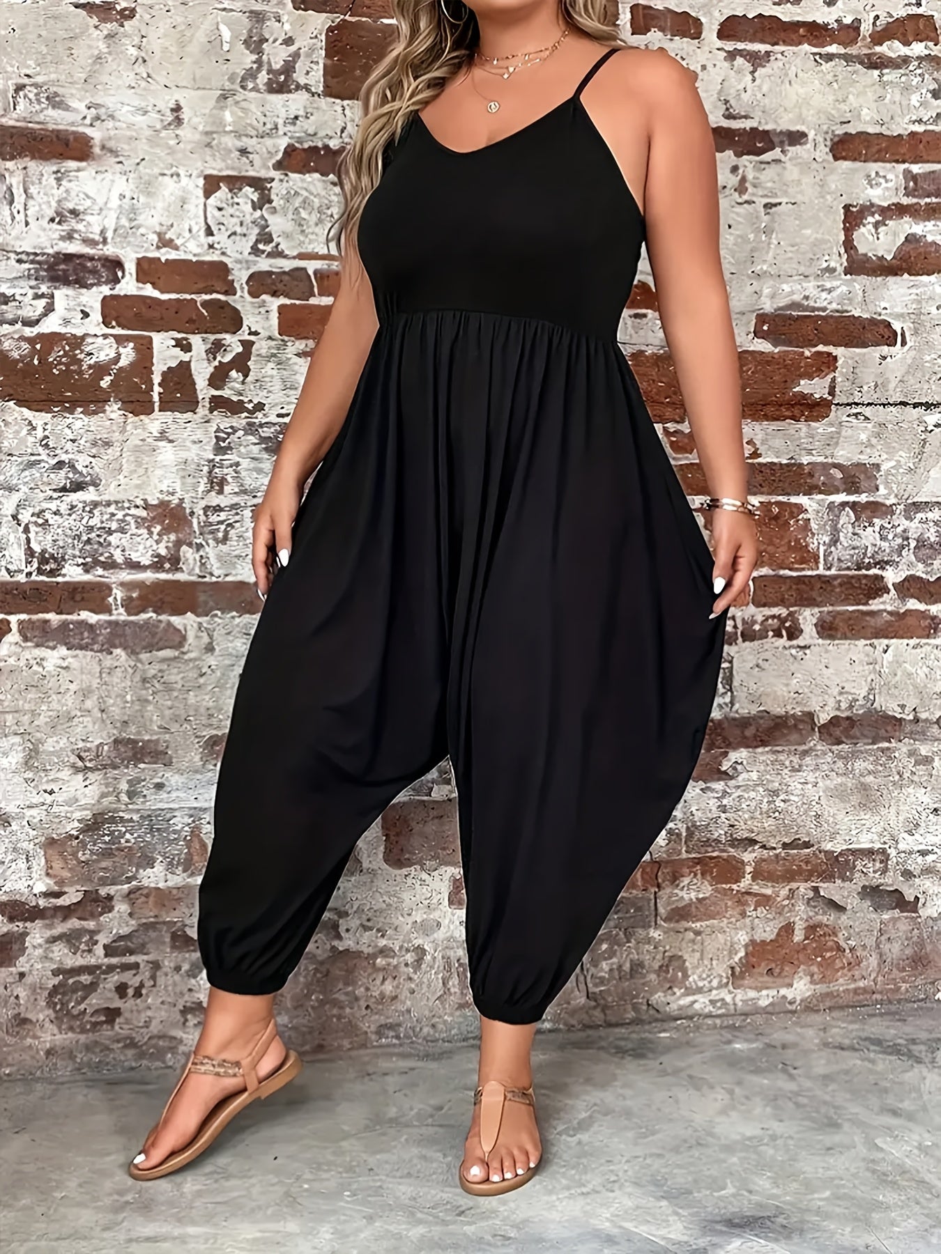 Plus Size Women's Sleeveless Jumpsuit V-Neck Wide Leg Solid Casual Summer