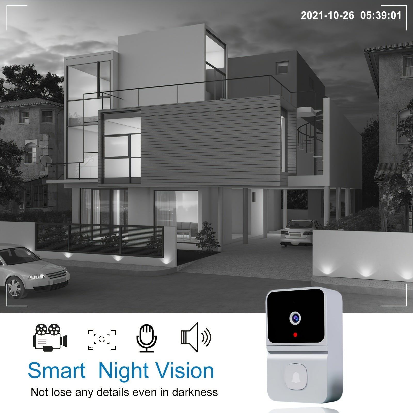 Wireless Smart WiFi Doorbell with Night Vision Two-Way Audio Rechargeable Battery Black