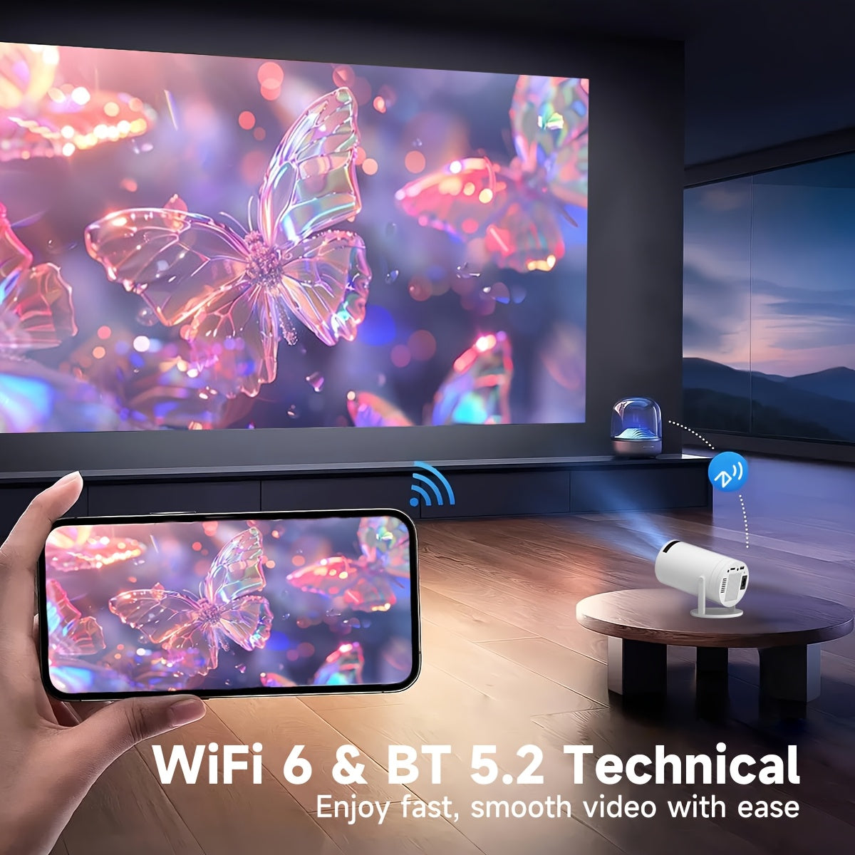 Mini Video Projector with Android TV, 1080P Support, WiFi6, Auto Focus