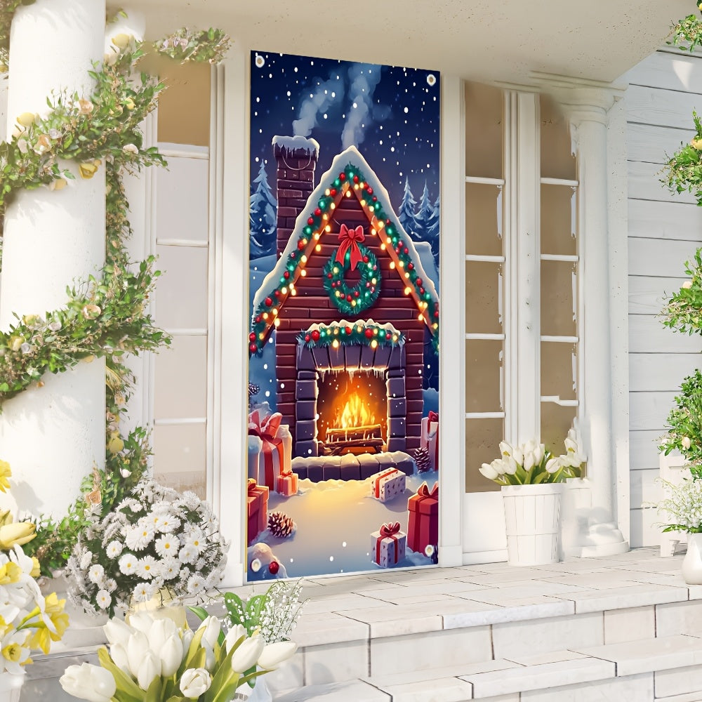 Festive Snowy Fireplace Door Cover for Holiday Winter Events Cozy Entryway