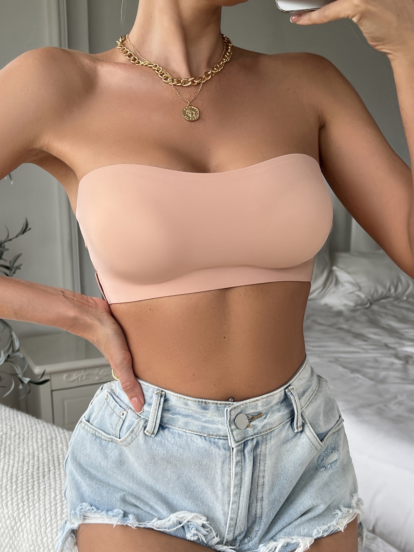 Sujetador bandeau sin costuras de color sólido para mujer con relleno extraíble