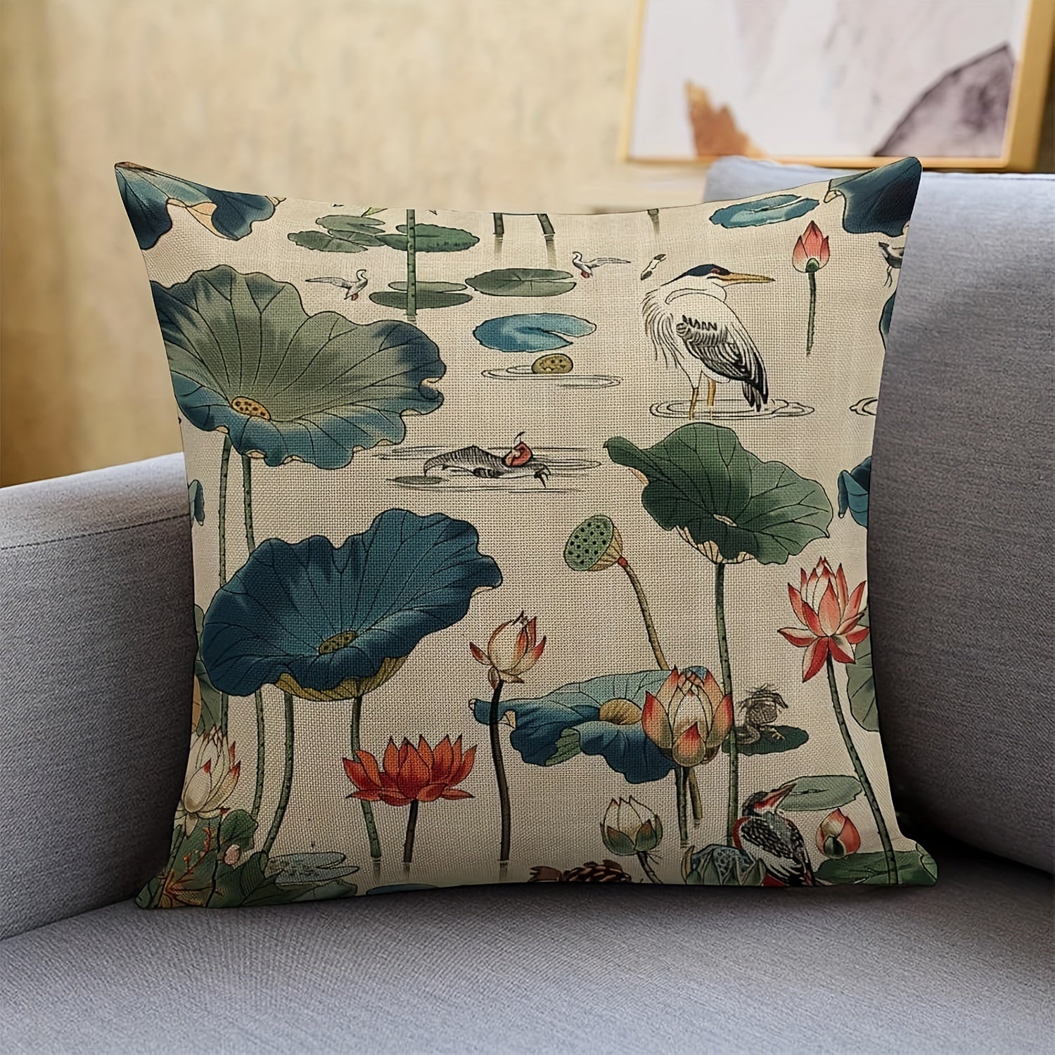 18x18 Linen Throw Pillow Cover with Birds and Lotus Print, Machine Washable, Zipper Closure